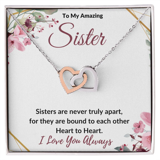 To My Amazing Sister (Burgundy Card) - Interlocking Hearts Necklace
