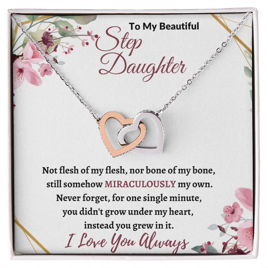 To My Beautiful Step Daughter / nonbiological (Burgundy Card) - Interlocking Hearts Necklace