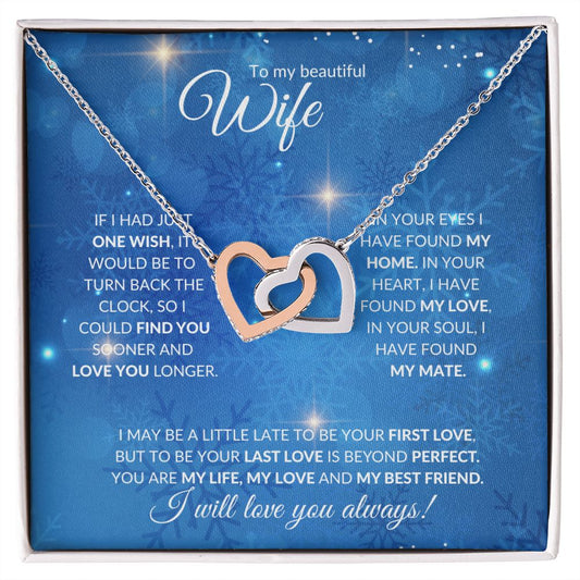 Wife (Christmas Blue Snowflake Card)  - Interlocking Hearts Necklace
