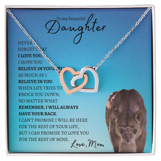 Beautiful Daughter from Mom (Blue Lioness Card) - Interlocking Hearts Necklace