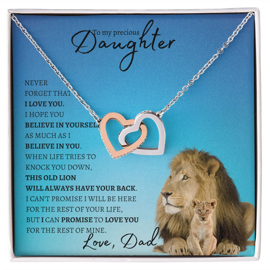 Precious Daughter from Dad (Blue Lion Card) Interlocking Heart Necklace