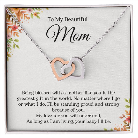 Mom (Cream Floral Card) - Interlocking Hearts Necklace