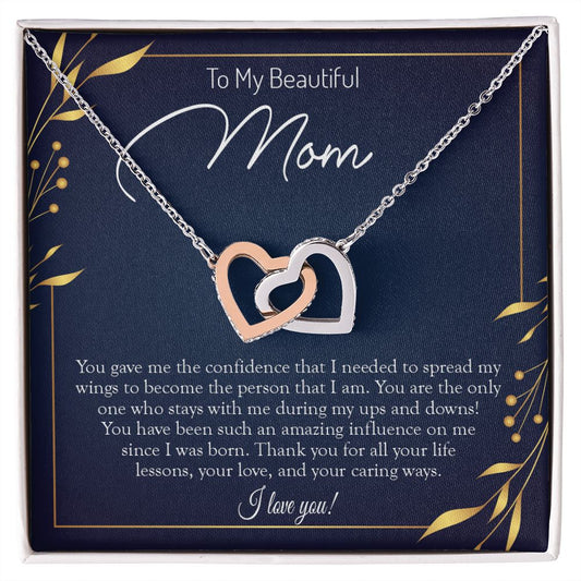 To My Beautiful Mom (Navy / Gold Card) - Interlocking Hearts Necklace