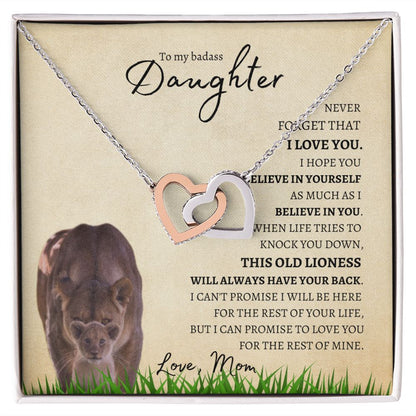 Daughter from Mom (Lioness Card) - Interlocking Hearts Necklace