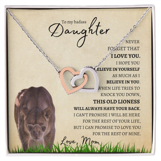 Daughter from Mom (Lioness Card) - Interlocking Hearts Necklace