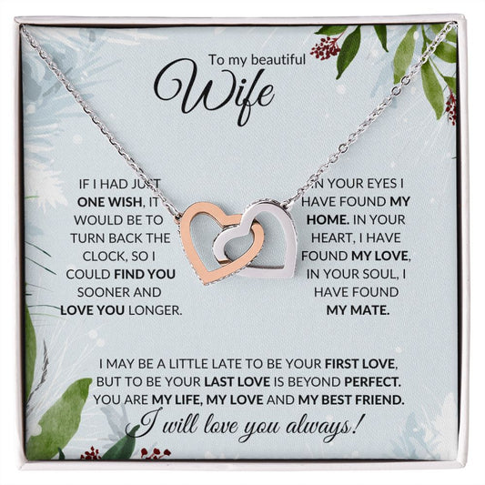 Wife (Christmas Holly Card) - Interlocking Hearts Necklace