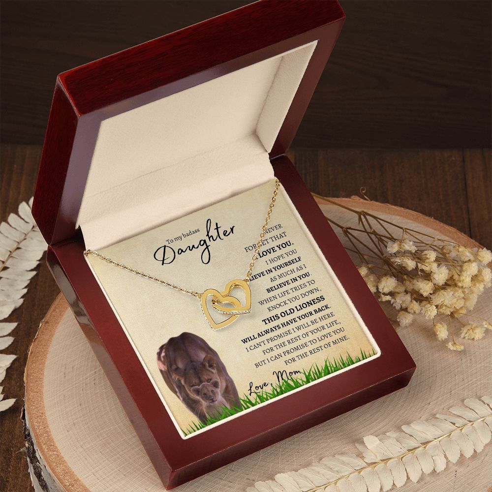 Daughter from Mom (Lioness Card) - Interlocking Hearts Necklace