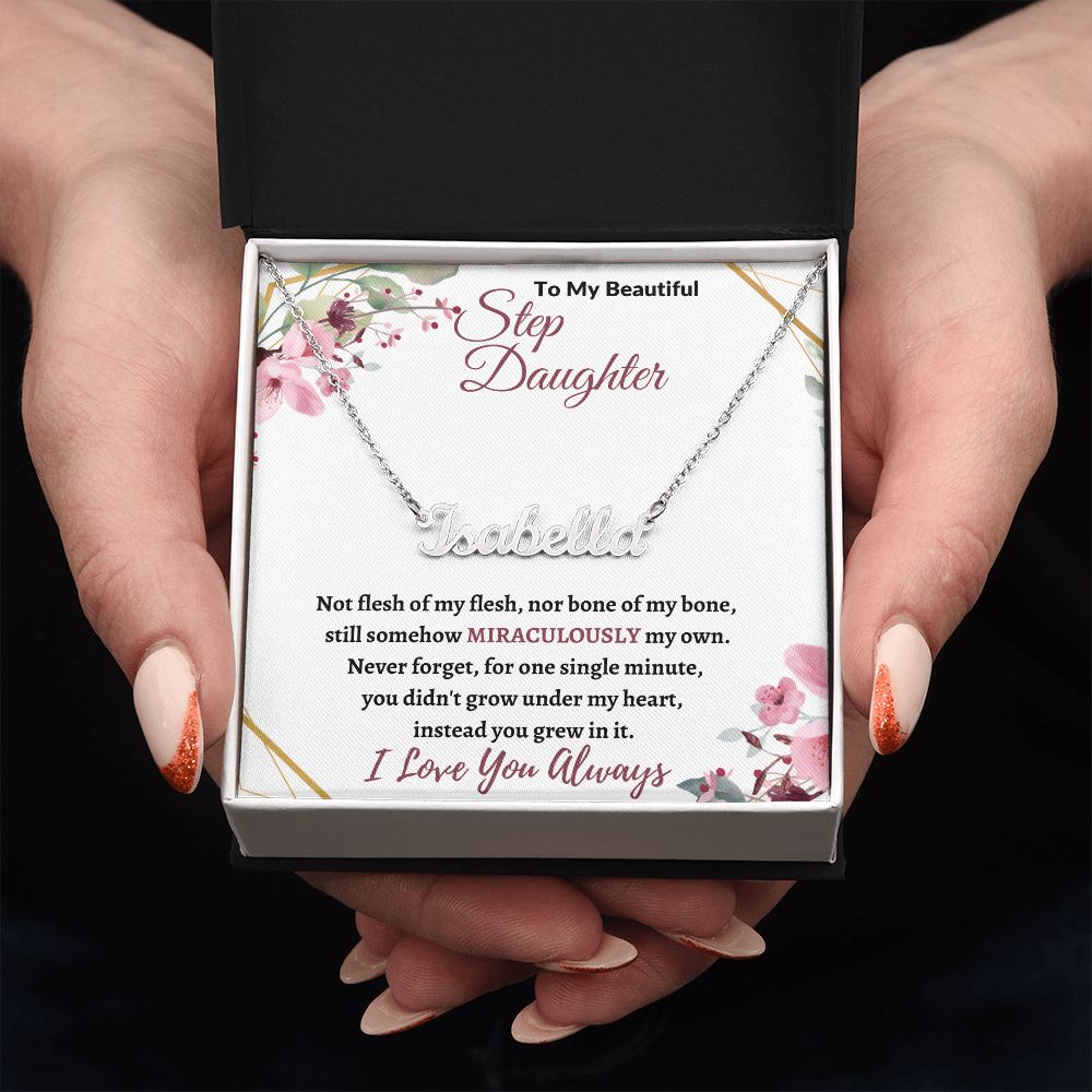 To My Beautiful Step Daughter ( Burgundy Card ) - Custom Name Necklace