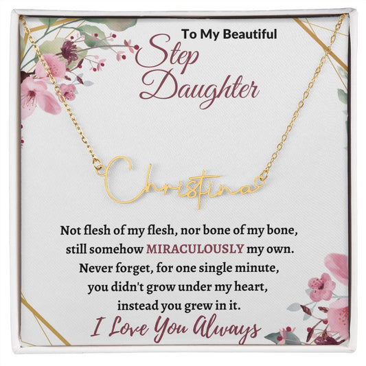 To My Beautiful Step Daughter / stepdaughter (Burgundy card) - Signature script name Necklace
